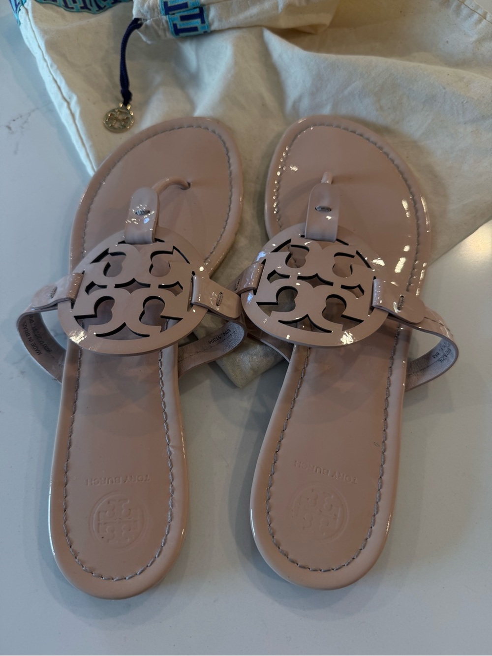 Tory Burch Pale Pink Patent Miller Thong Sandals